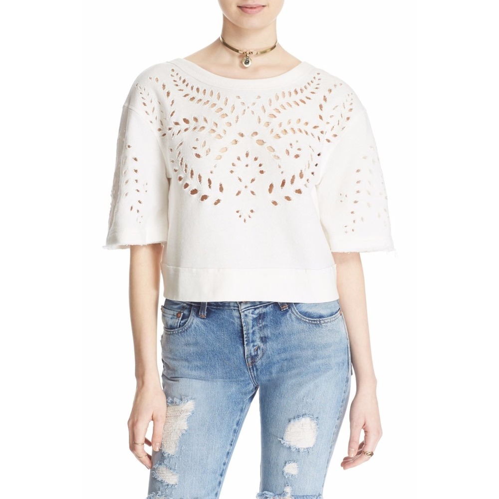 White Eyelet Embroidered Cropped Sweatshirt Half Sleeve Scoop Neck Cotton